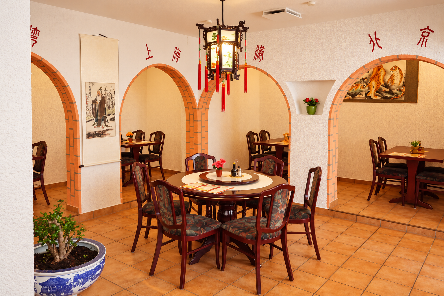 Gastraum von China Wok mit chinesischer Laterne, Rundbögen und einem runden Tisch